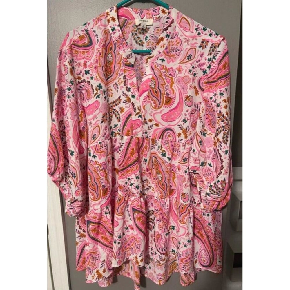 Umgee Vibrant Pink and Orange Paisley Blouse